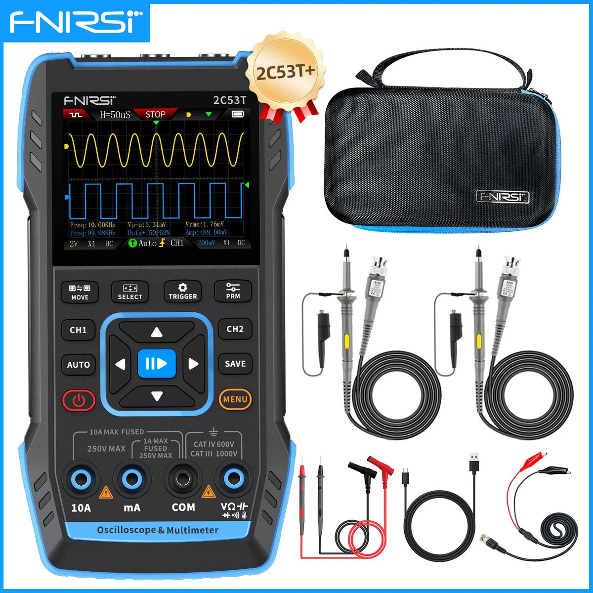 3-in-1 2-Channel Digital Oscilloscope Multimeter & DDS Signal Generator 50 MHz 250MS/s 2.8-inch LCD Portable