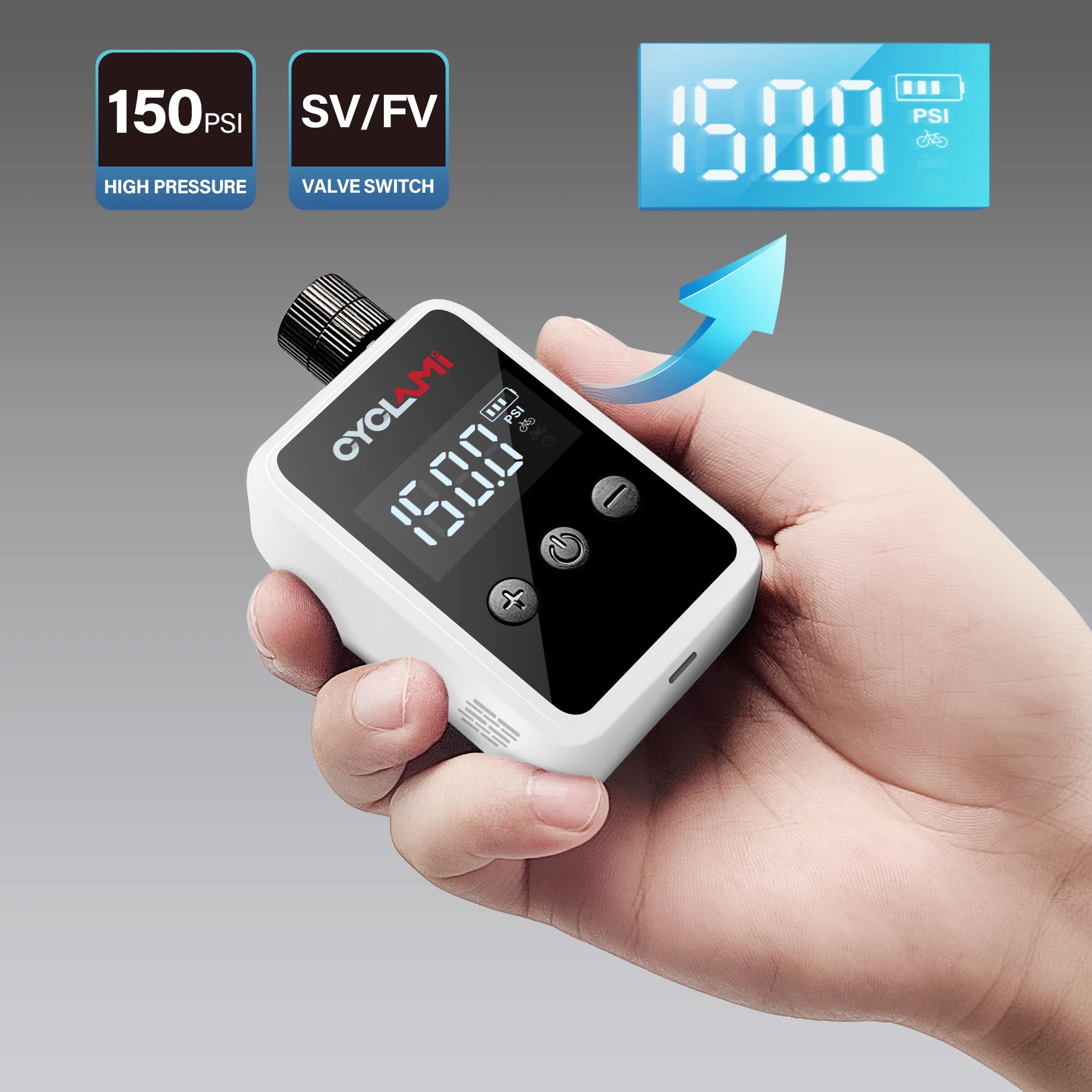150 PSI (10.3 bar) Portable Mini Electric Tire Inflator – Rechargeable Pocket Air Pump for Bike Presta & Schrader Valves, Digital Display