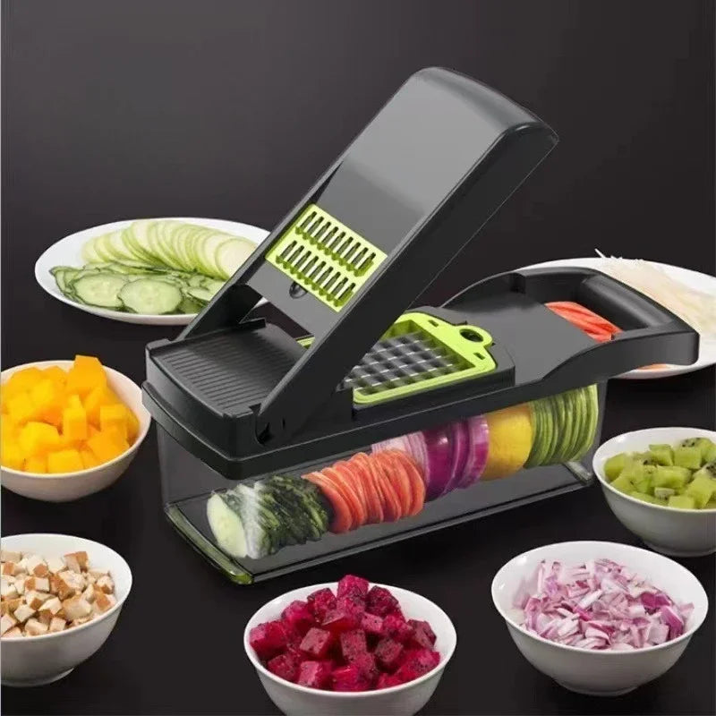 16-Piece Multifunctional Vegetable Slicer & Chopper Set - Food-Grade Stainless Steel Grater with Collector Basket