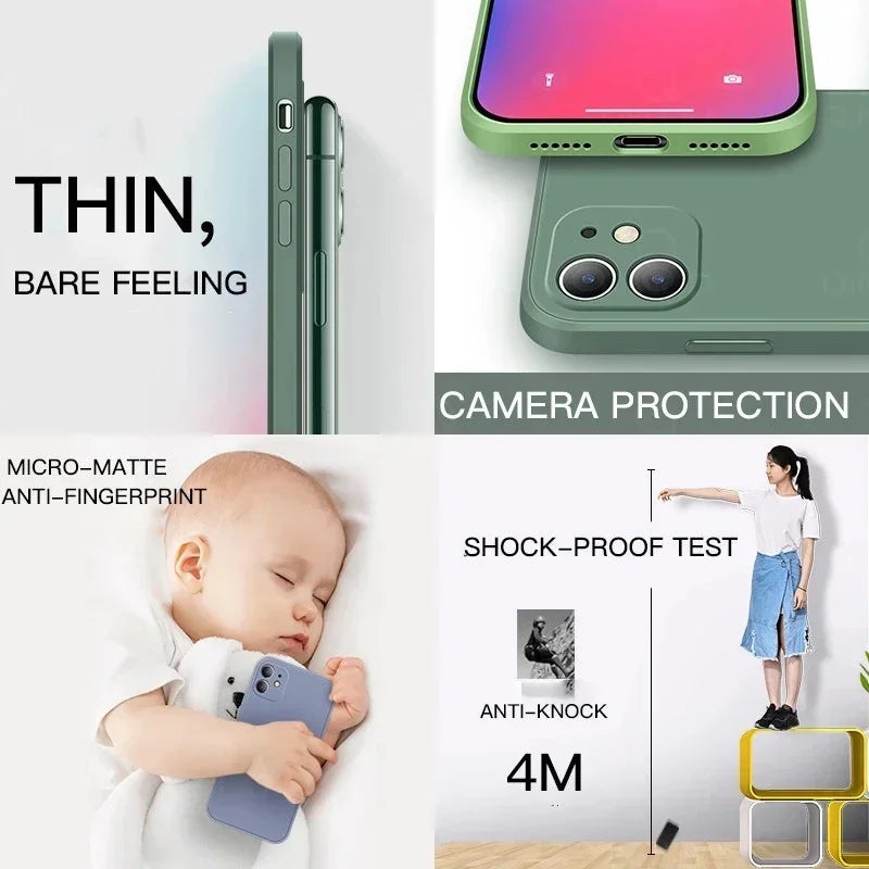 Liquid Silicone Shockproof Full-Coverage iPhone Case, Soft Back Cover, Anti-Scratch, Anti-Fingerprint, Non-Slip