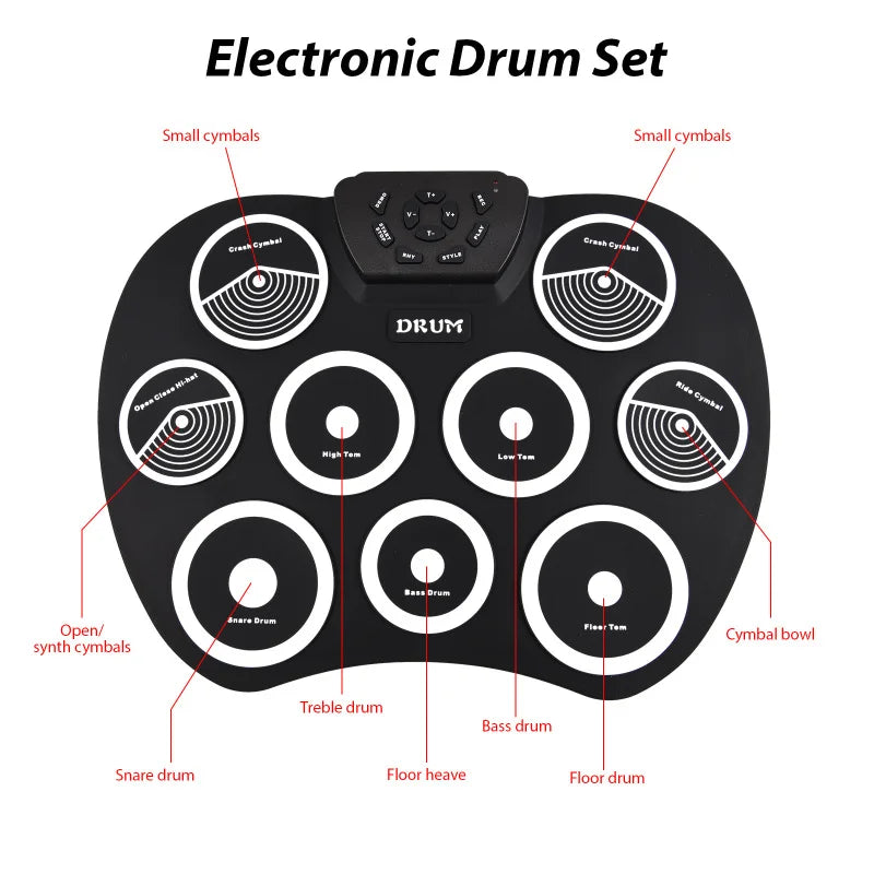 Portable 9-Pad Roll-Up Electronic Drum Set USB MIDI with Pedals & Drumsticks