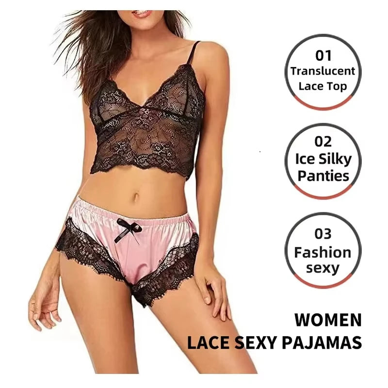 2-Piece Women's Lace Sheer Pajama Set - Breathable Suspender Camisole and Shorts, Black and Pink