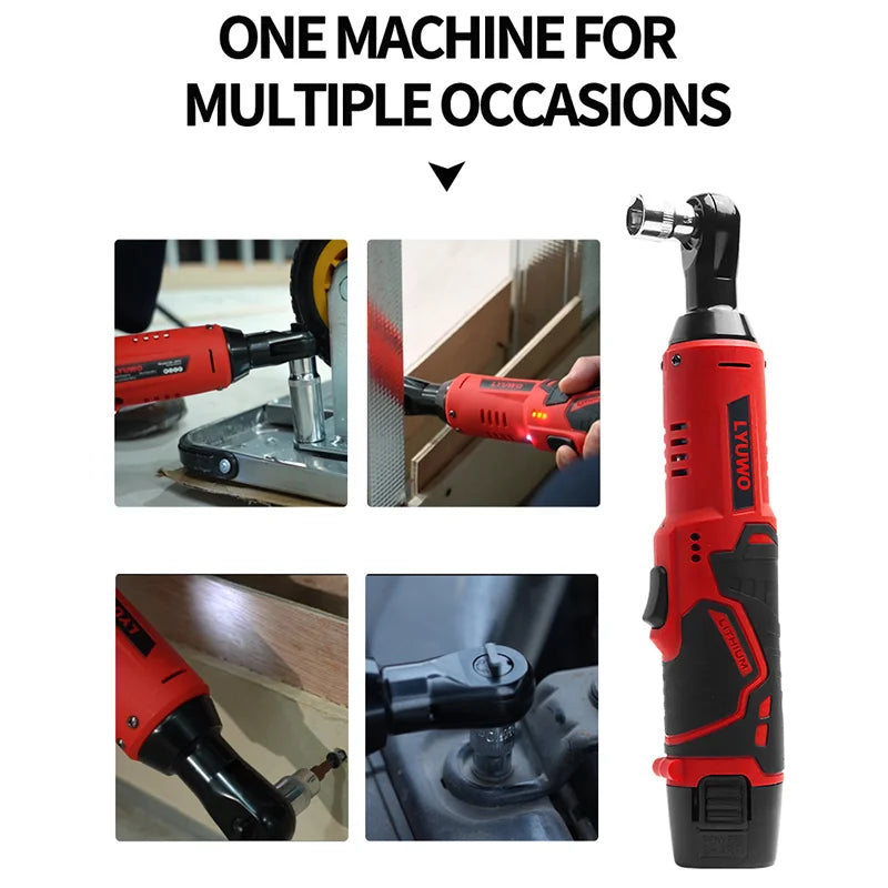 12V Cordless Right Angle Electric Wrench 45 Nm 3/8 in (9.5 mm) Ratchet Car Maintenance Tool with 4 Sockets
