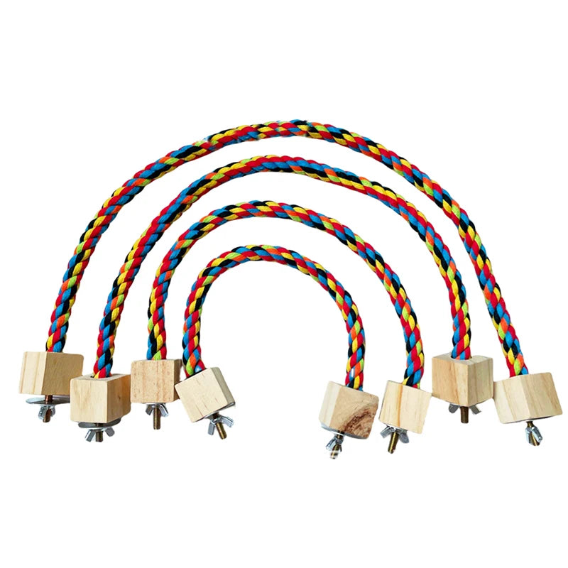 Colorful Cotton Rope Parrot Toy with Wooden Perch and Elastic Climbing Swing for Parrots & Small Birds