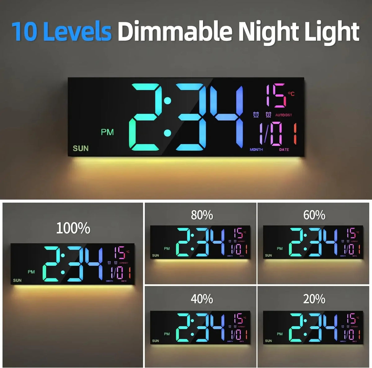 16.2 in (41 cm) Large LED Digital Wall Clock with Remote, Dual Alarm, RGB Night Light, Jumbo 4.5 in Digits