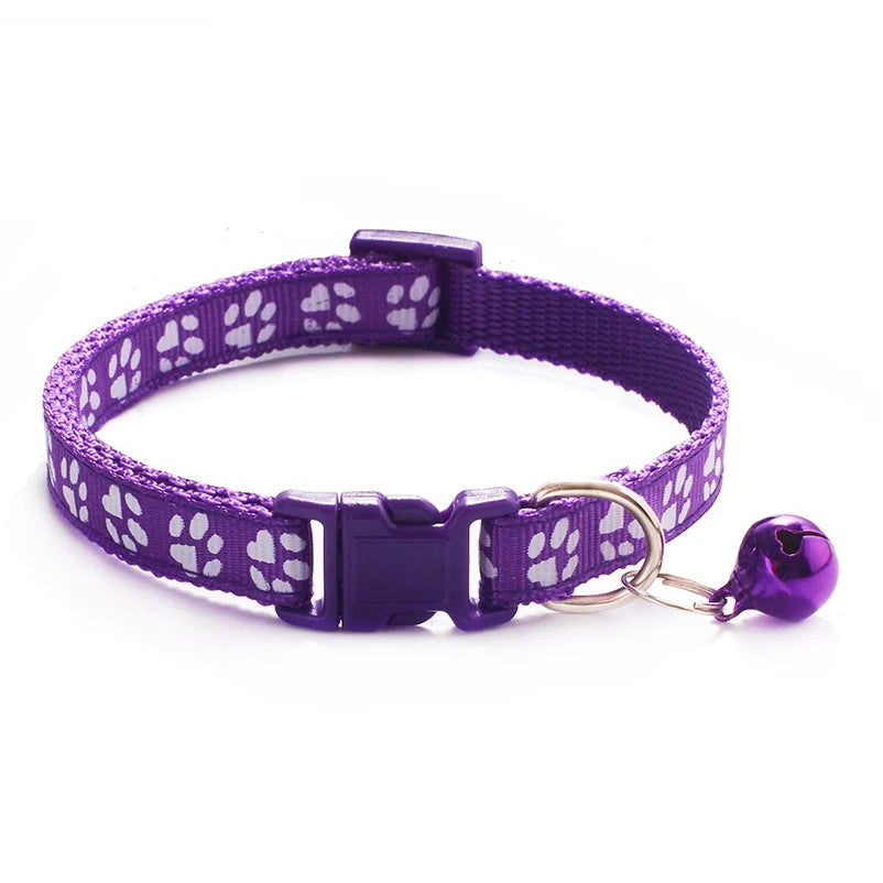 Adjustable Cat Collar with Bell and D-Ring, Dog-Print Rope Necklace, Multiple Colors