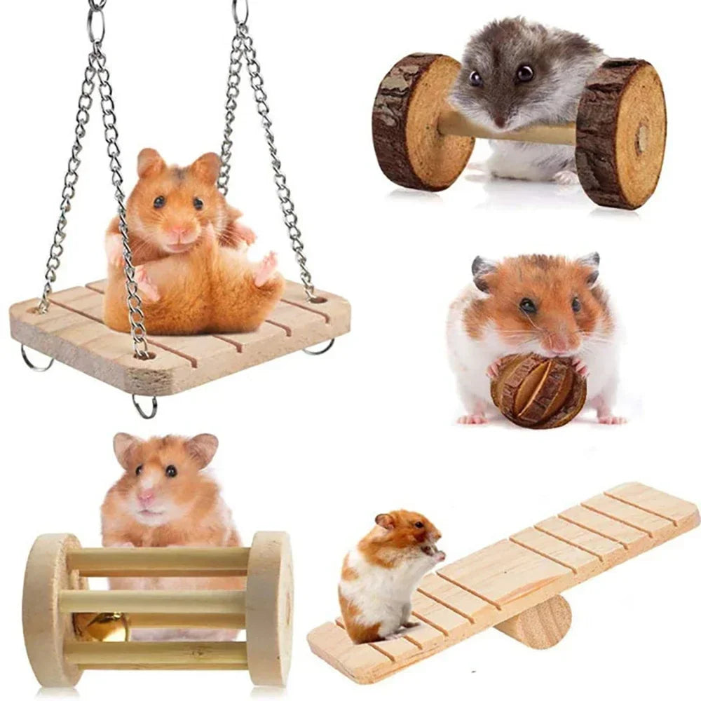 Wooden Pine Chew Roller Toy for Rabbits, Guinea Pigs & Rats - Dumbbell Unicycle Bell for Small Pets
