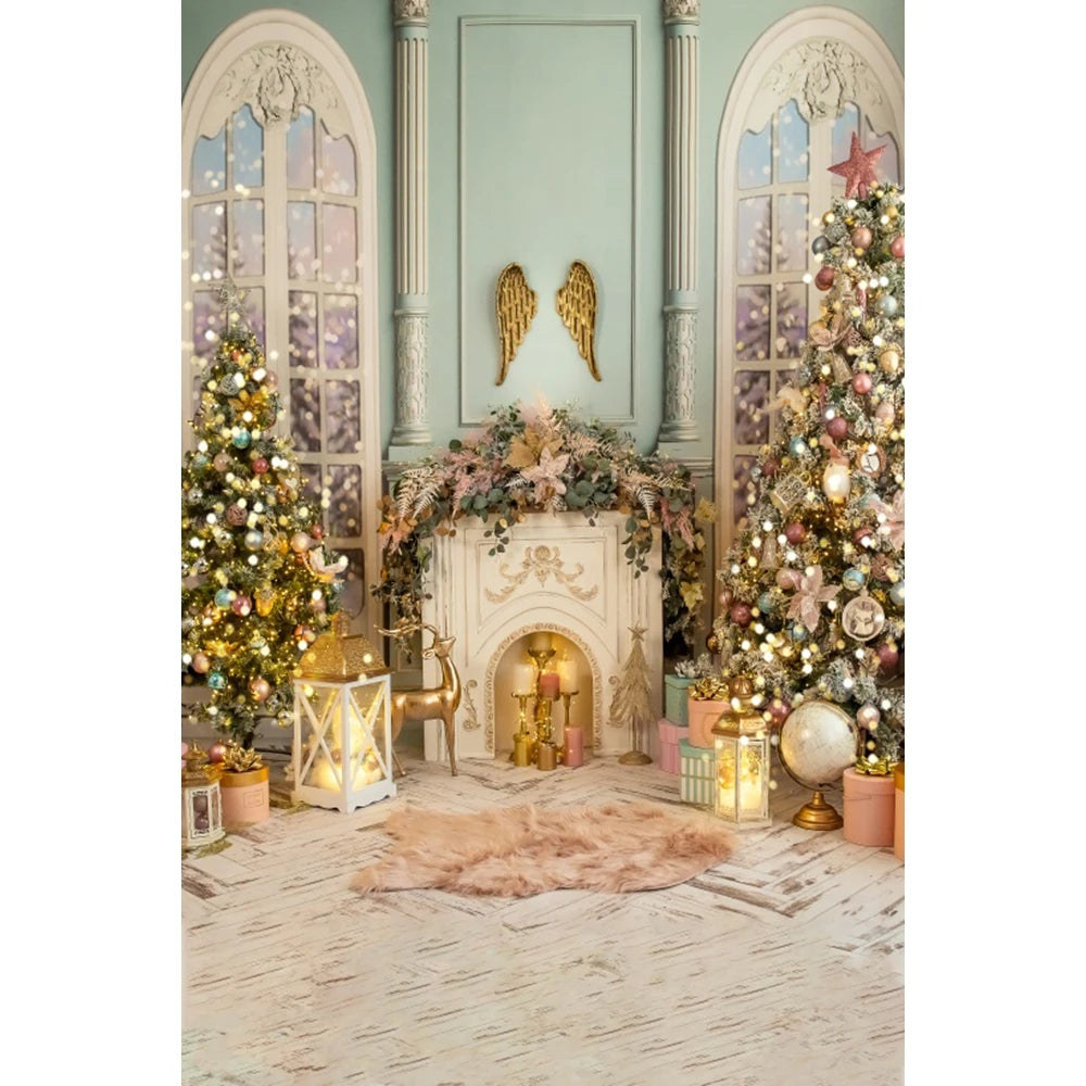 Christmas Photography Backdrop - Santa, Tree & Fireplace Winter Snow Wood Floor Portrait Background