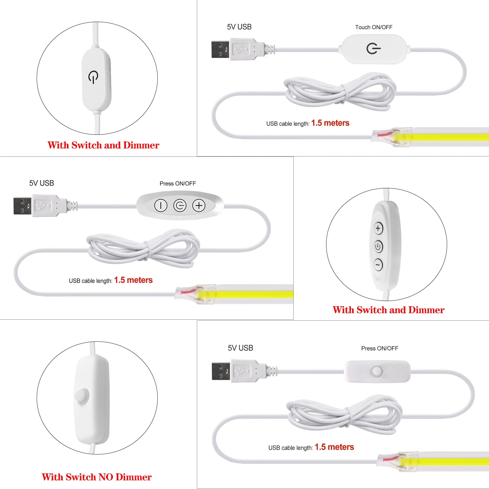 5V COB LED Strip Light USB Dimmable Touch Sensor Flexible Adhesive Tape TV Backlight