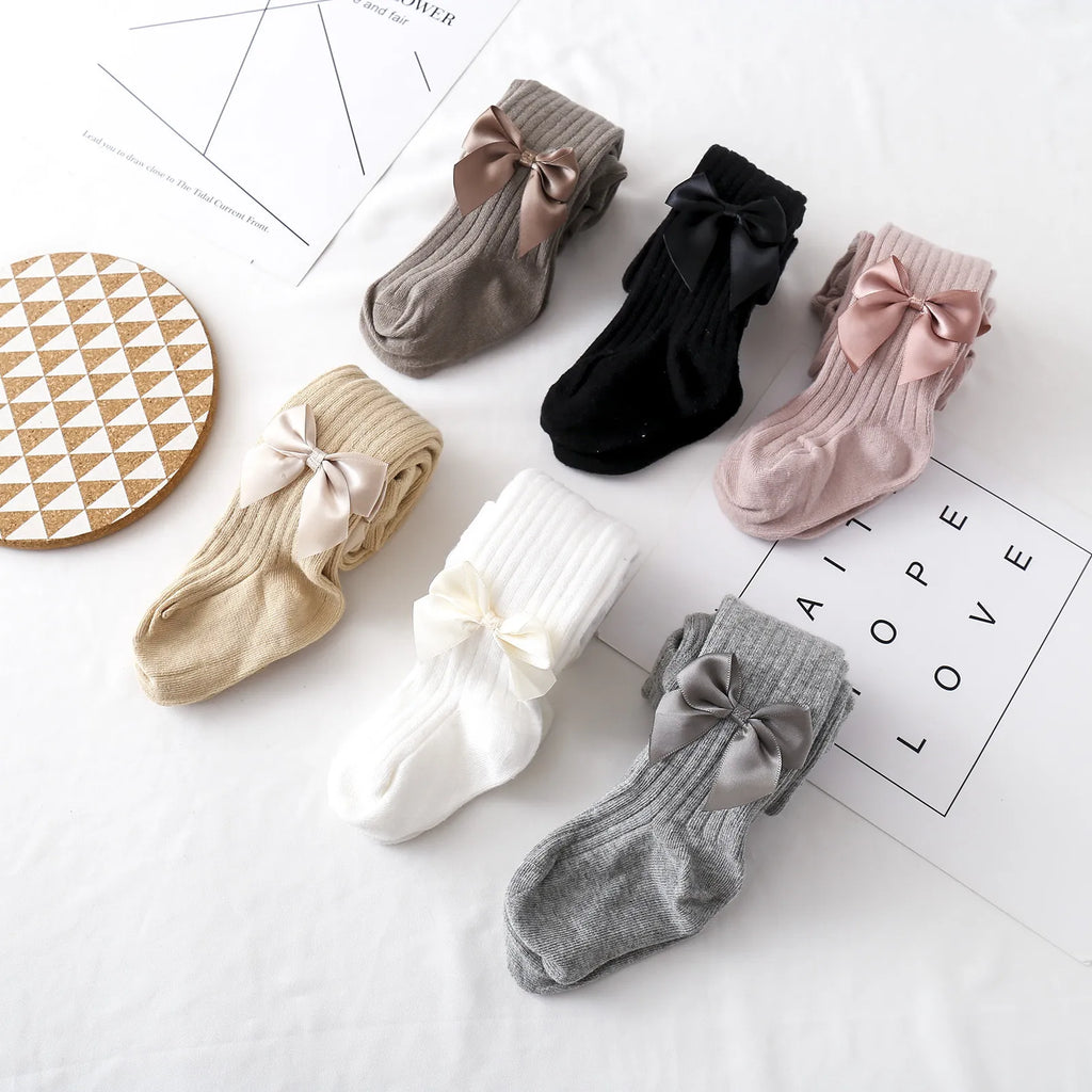 Baby Girls Cotton Mesh Tights with Bowknot - Infant & Toddler Pantyhose 0-4 Years