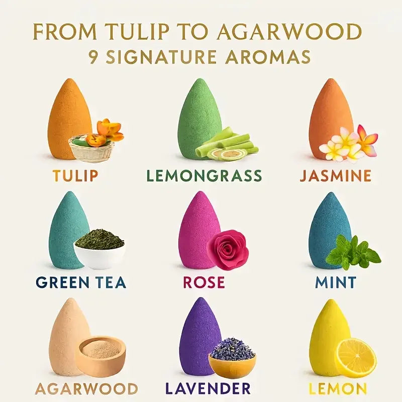 9-Pack Colorful Aromatherapy Incense Sticks, Agarwood Cone — Long-Lasting Fragrance & Smoke Falls for Relaxation