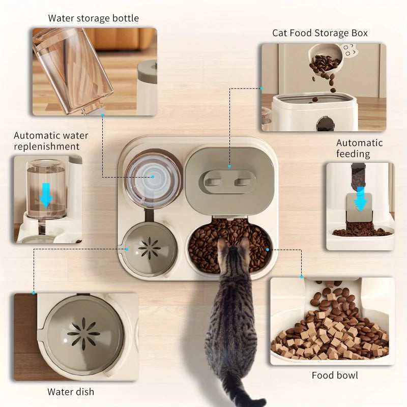 Automatic Pet Feeder with Water Dispenser - Spill-Proof Dual Bowl for Small, Medium and Large Cats and Dogs