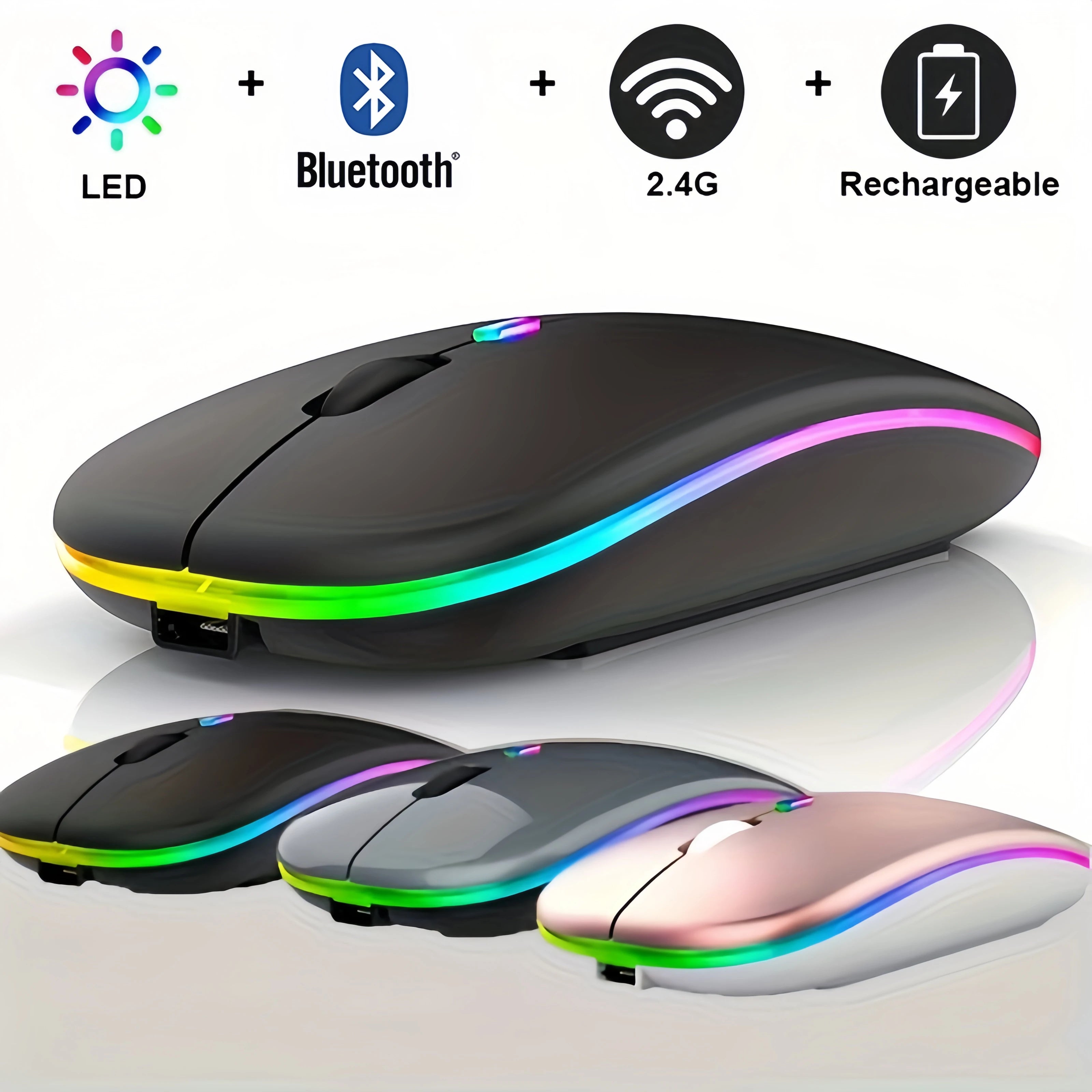 Rechargeable Bluetooth & 2.4GHz Wireless Mouse — Silent Click, RGB, Ergonomic, USB-C Charging for PC Mac iPad Laptop Phone TV