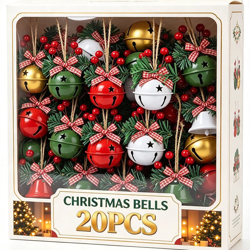 Metal Christmas Star Jingle Bell Ornaments with Red Berry Bow – Tree Decorations, Pack of 1/3/5/10/20