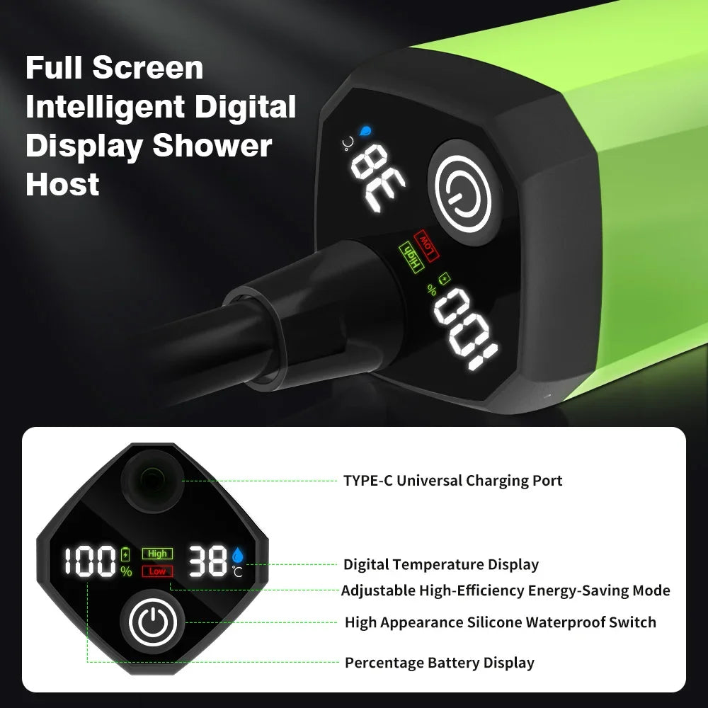 Portable Camping Shower Pump 6000mAh – RV Outdoor Shower Kit with Full-Screen Digital Display & Adjustable Energy-Saving Mode