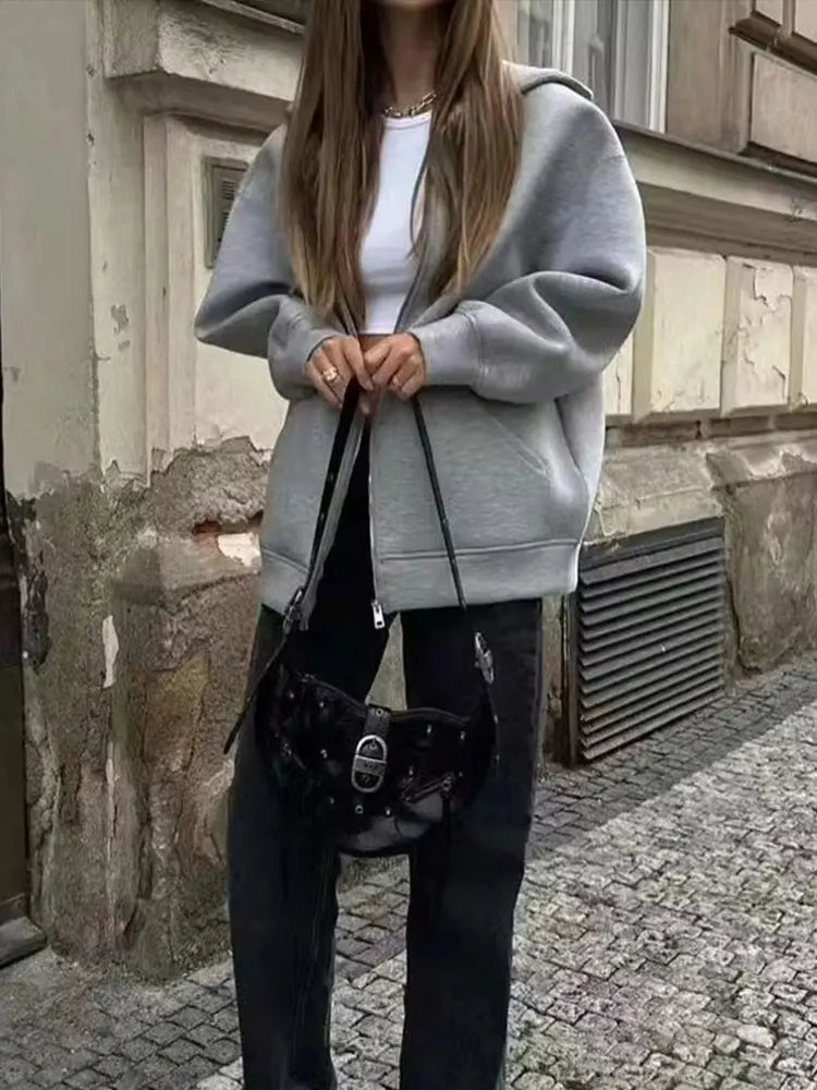 Women's Oversized Zipper Hoodie Jacket with Double Pockets - Casual Autumn/Winter Coat