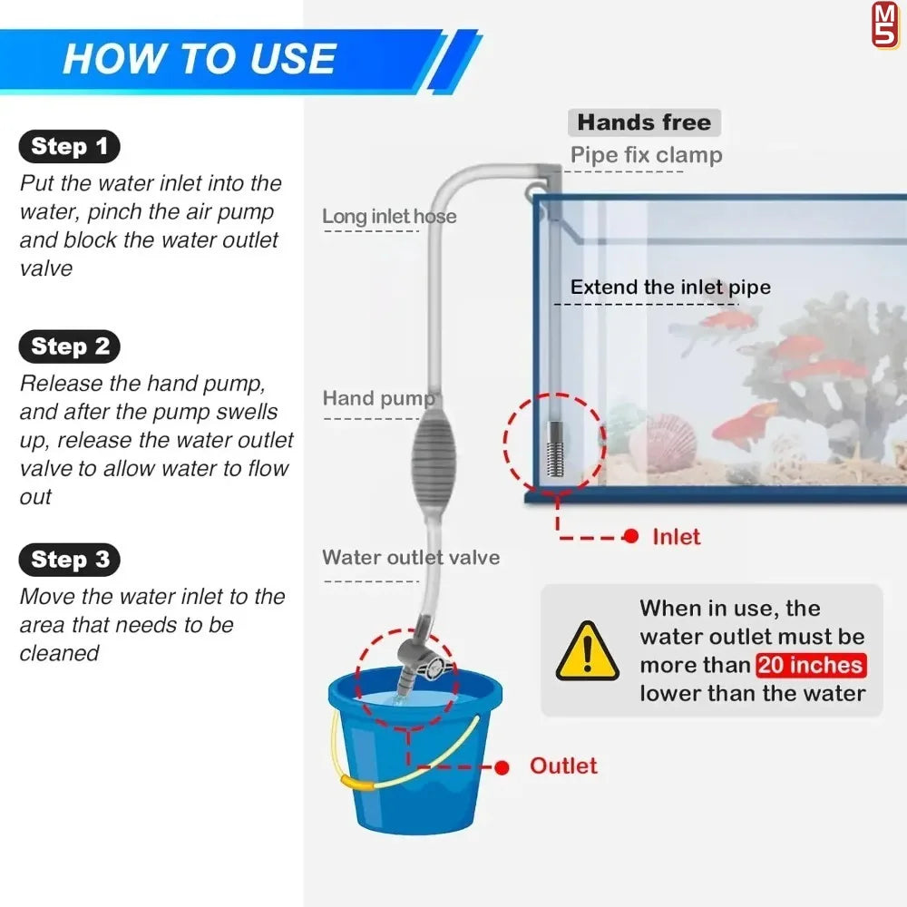 Aquarium Gravel Vacuum Siphon Kit for Large Fish Tanks, Manual Water Change and Sand/Gravel Cleaner with Extension Tube