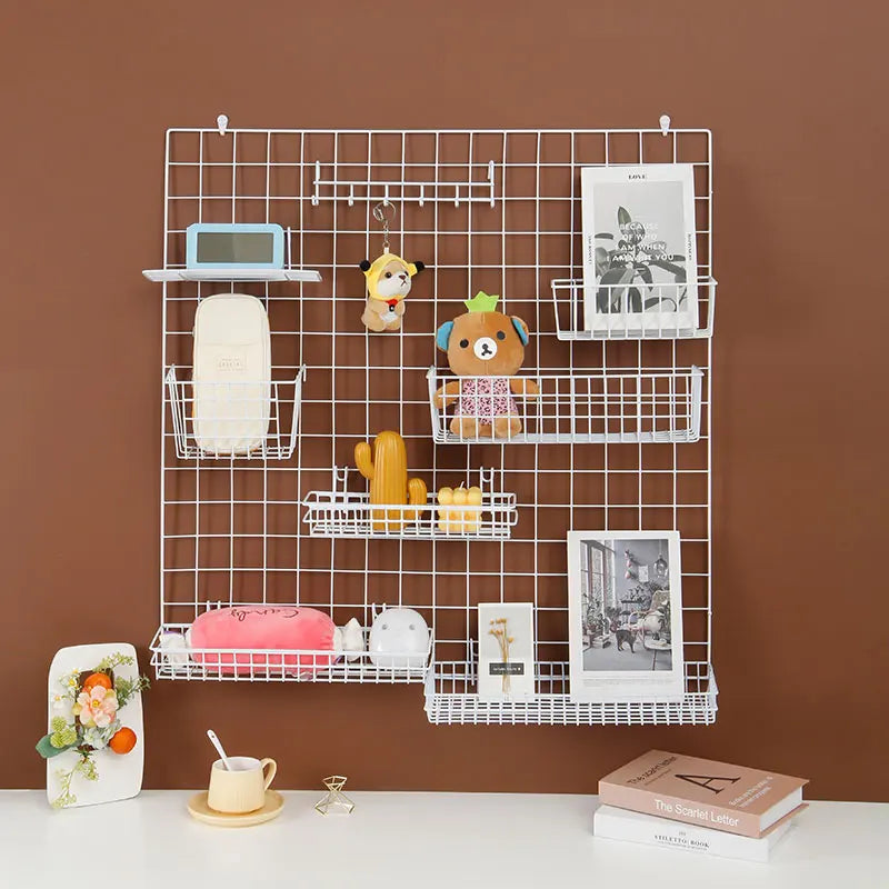 Wall Mounted Wire Grid Organizer with Removable Baskets, Hooks and Shelves, Iron Mesh Storage Panel