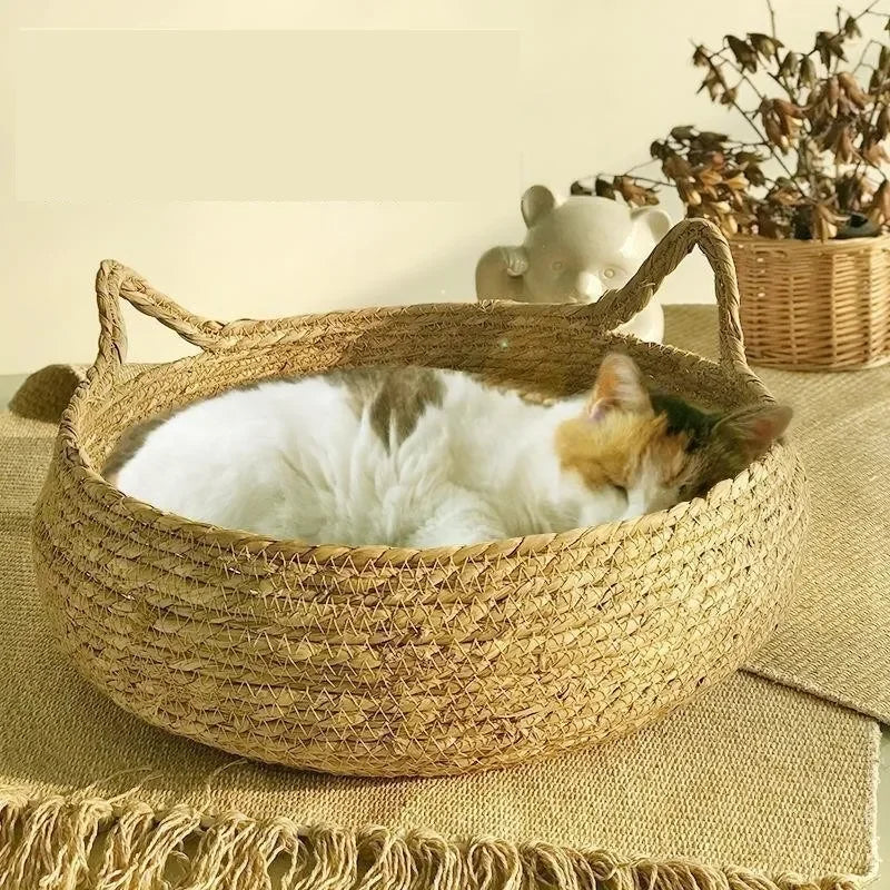Handmade Vine-Woven Cat Nest Bed with Detachable Washable Pad, Four-Seasons Natural Straw Pet Bed