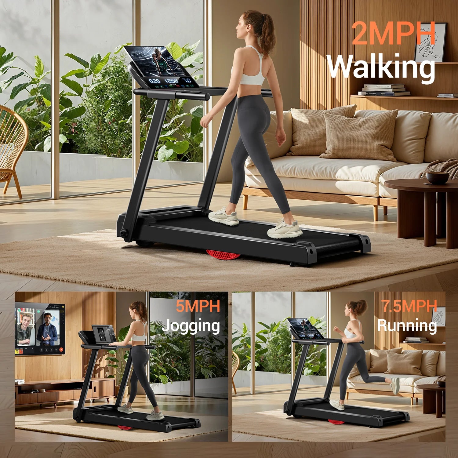 3.0 HP Brushless Foldable Home Treadmill — 300 lb Capacity, 40.2 x 15.4 in (102.1 x 39.1 cm) Running Area, HR Monitor, Dual Shock Absorption, Bluetooth Console