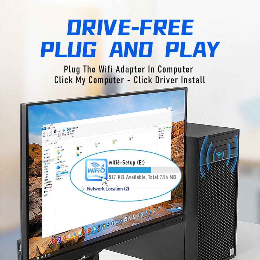 Wi-Fi 6 USB Adapter 1800Mbps Dual-Band (5GHz/2.4GHz) USB 3.0 802.11ax with 2x High-Gain Antennas — Windows 7/10/11 Compatible