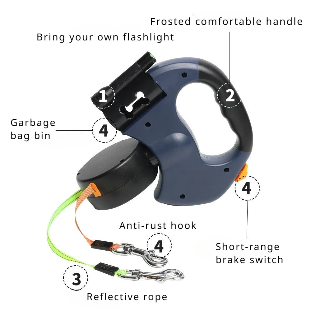 Retractable Dual Dog Leash with LED Flashlight - 10 ft (3.05 m) Extendable Two-Lead Leash