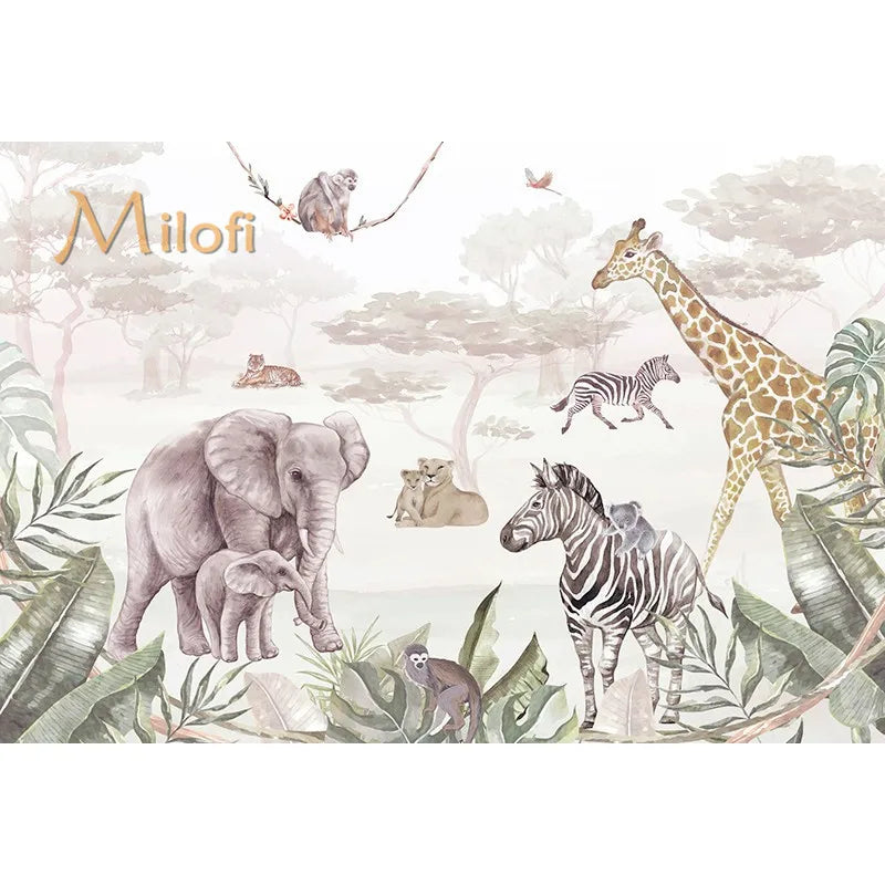 Custom Watercolor Jungle Animal Peel-and-Stick Wall Mural - Giraffe Elephant Zebra Nursery & Kids Wallpaper