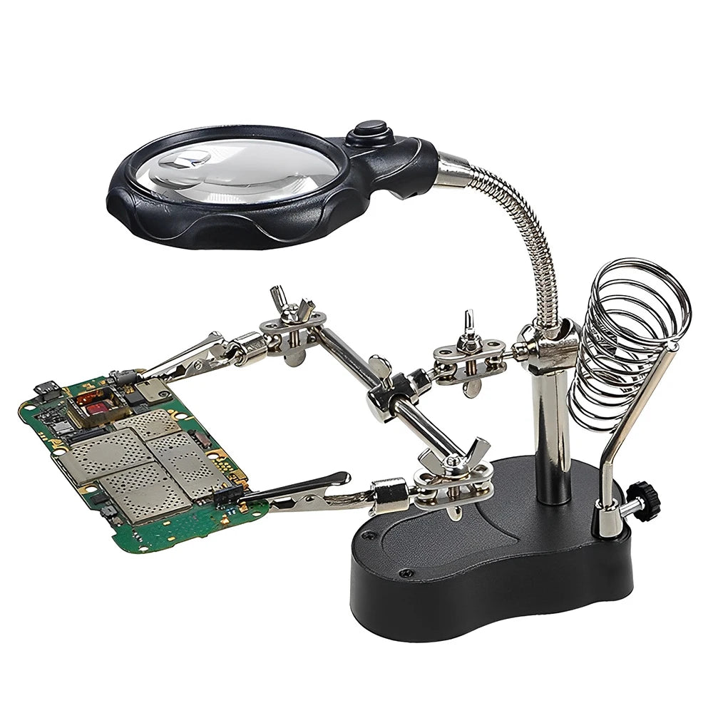 Dual Lens 3.5X/12X Soldering Magnifier with LED Lights & Alligator Clips, Adjustable Clamp Holder for PCB Repair