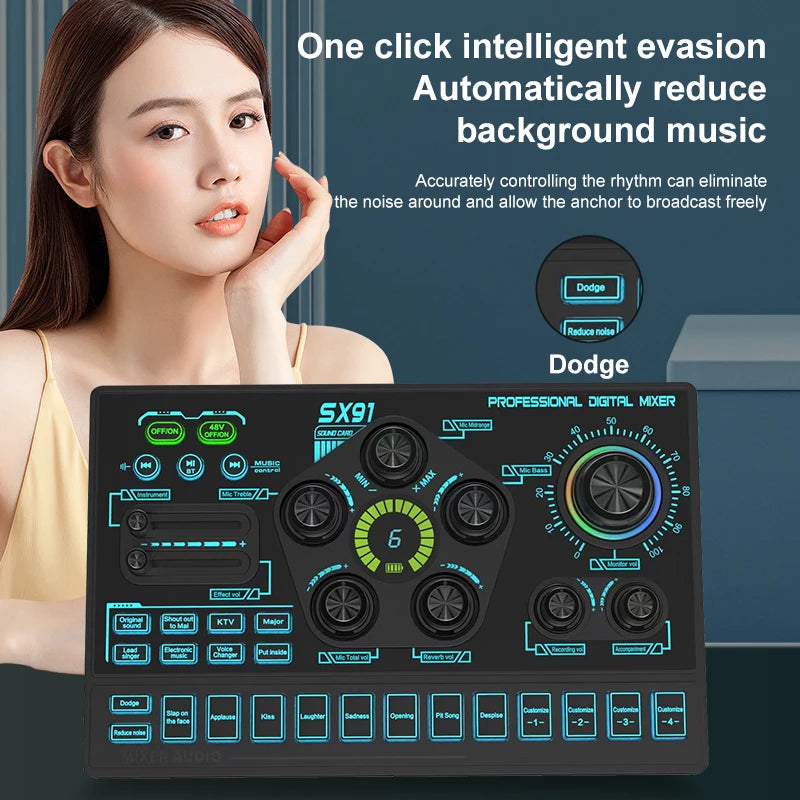 48V Audio Mixer with Voice Changer - Podcast Mixer & USB Sound Card for Phone, Gaming, Karaoke, Live Streaming