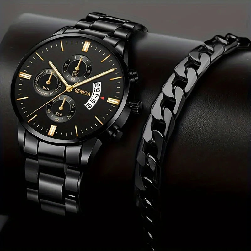 Men's Stainless Steel Quartz Wrist Watch with Calendar – 41mm Round Business Dress Watch