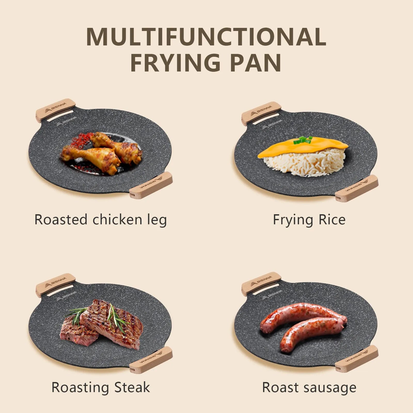 30cm (11.8in) Non-Stick BBQ Grill Pan – Stovetop & Camping Korean-Style Grill Plate with Wooden Handle
