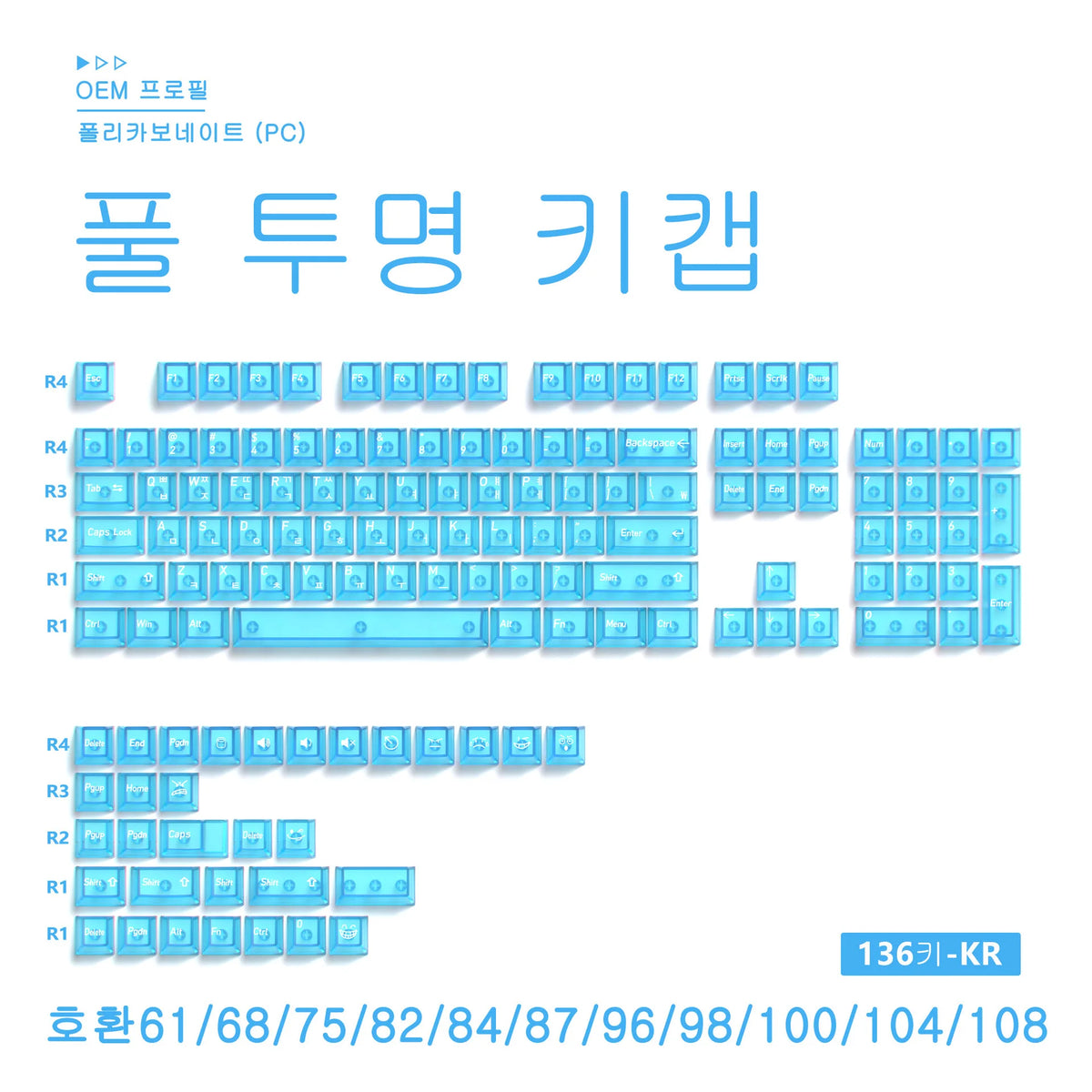 136-Key Transparent Multilingual Keycap Set for Mechanical Keyboards — EN/JP/RU/KR PC Compatible