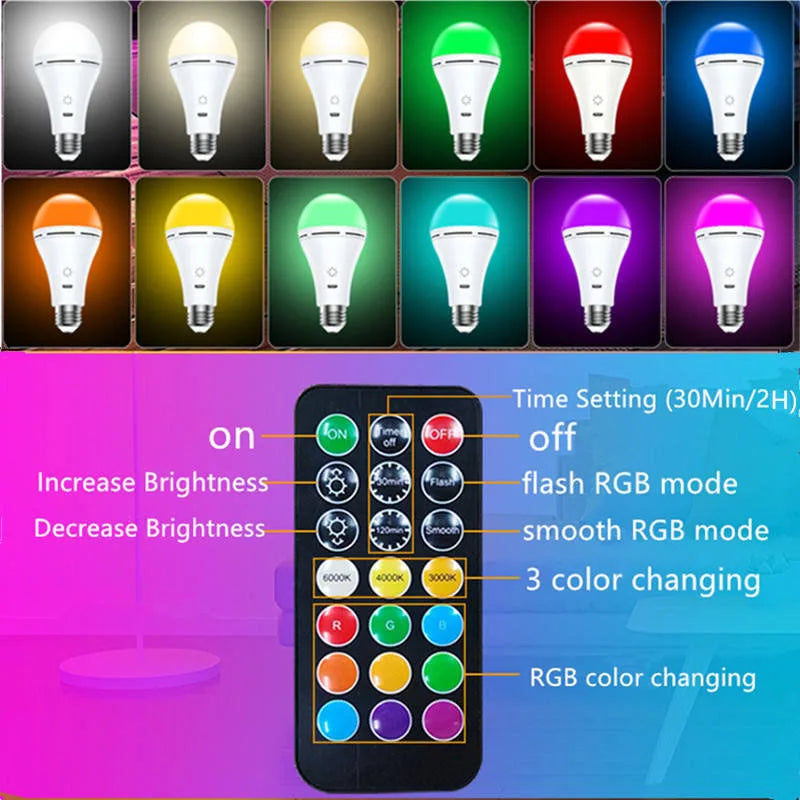Smart USB Rechargeable E27 LED Bulb – RGB Color Changing & Warm/Cool White, Touch Dimmable Cordless Emergency Light