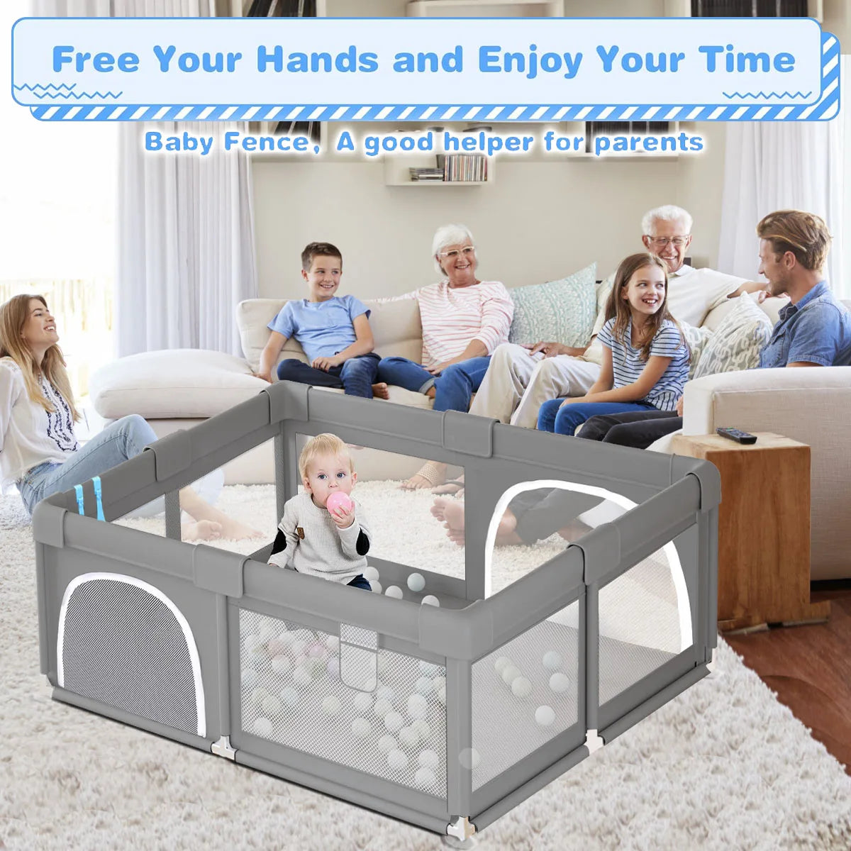 Foldable Baby Playpen & Ball Pit Indoor Play Yard – Safe Play Fence for 6 Months–6 Years, 120 x 120 x 68 cm (47.2 x 47.2 x 26.8 in) or 150 x 150 x 68 cm (59.1 x 59.1 x 26.8 in)