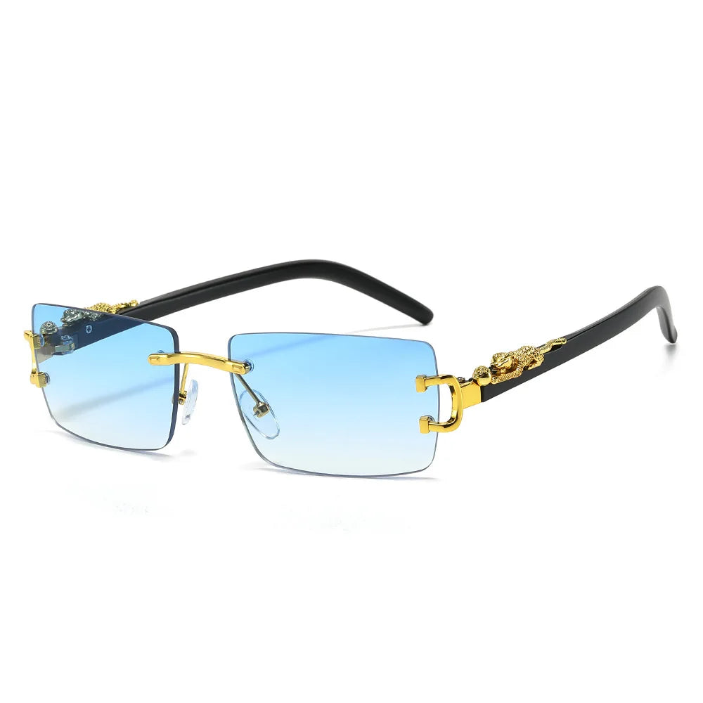 Rimless Rectangular Sunglasses with Cheetah Accent, UV400 Sun Protection, Unisex