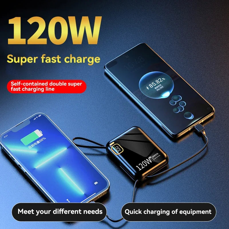 120W 50000mAh Portable Power Bank - Built-in Cables, LED Display & Flashlight, Two-Way Fast Charging for iPhone Samsung