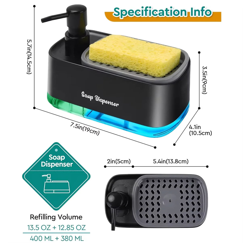 2-in-1 Kitchen Soap Dispenser with Built-In Sponge Holder Countertop Dish & Hand Pump