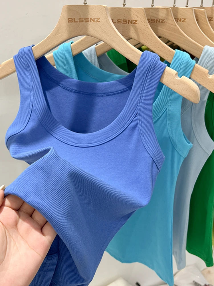 Women's Ribbed Round Neck Tank Top O-Neck Camisole Elastic Summer Basic Solid Tank