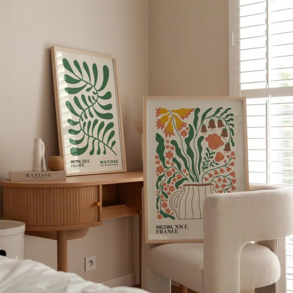 2-Piece Frameless Matisse Floral Canvas Prints - Bohemian Mid-Century Modern Wall Art for Bedroom & Living Room