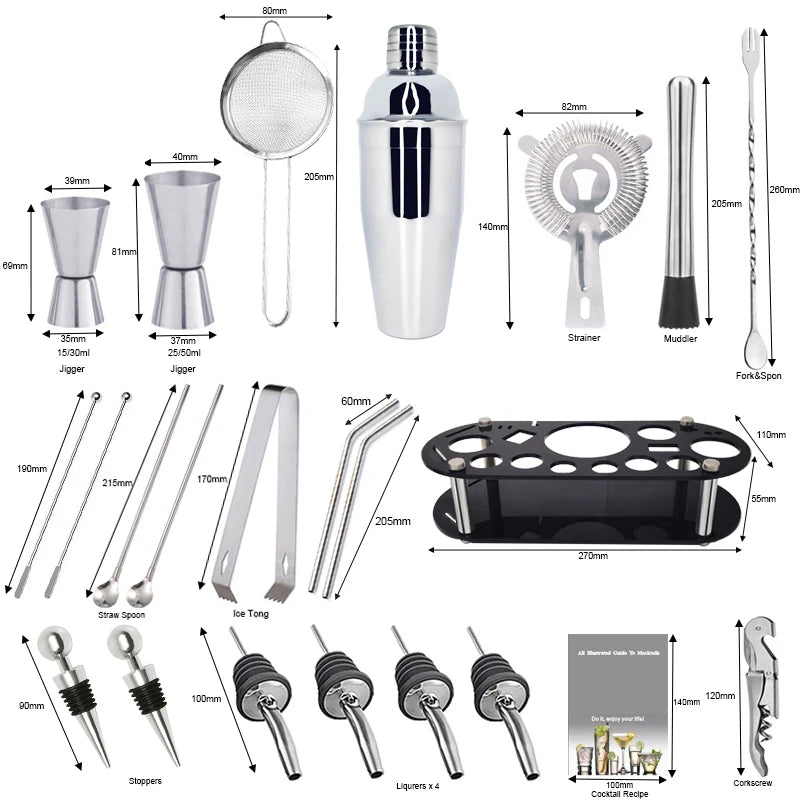13-22 Piece Cocktail Shaker Bar Set – Stainless Steel Bartender Kit with 750ml/600ml Shaker, Jiggers, Strainer, Pourers & Acrylic Rack