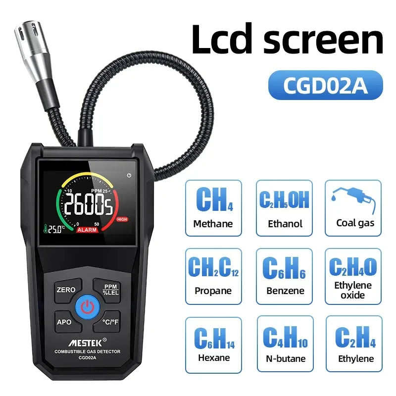 Combustible Gas Leak Detector 0-100% LEL / 0-50,000 ppm — LCD Screen, Sound & Light Alarm, 10.6in (270mm) Flexible Probe, Portable