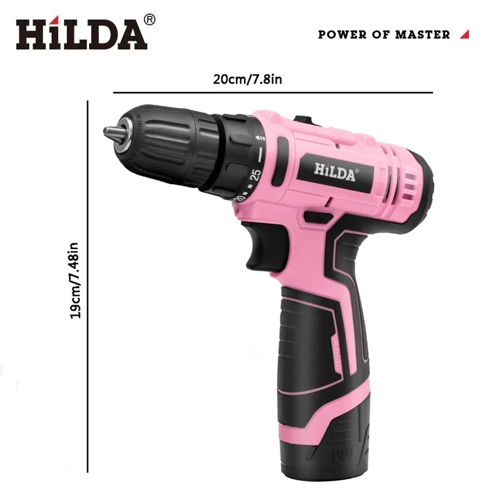 12V Mini Cordless Brushless Drill - 25+1 Torque Portable Electric Screwdriver Kit (Pink)