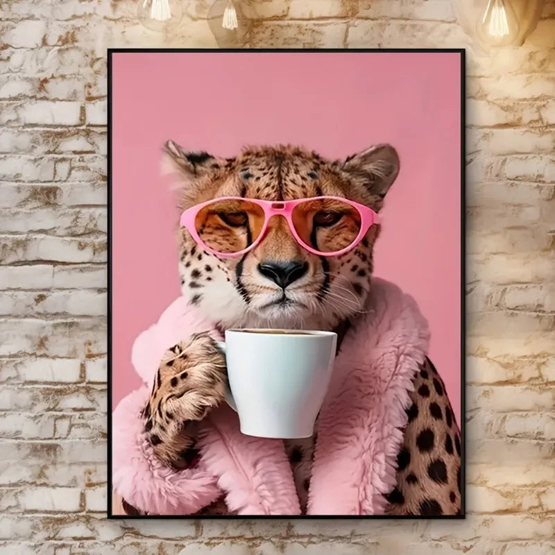 Cheetah Drinking Coffee Canvas Art Print, Frameless Animal Wall Decor for Home Office Cafe