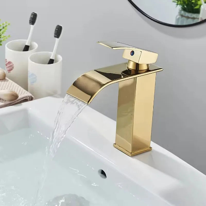 Brushed Gold Waterfall Bathroom Faucet - Single Lever Deck-Mount Basin Mixer, Single Hole, Stainless Steel Ceramic Valve