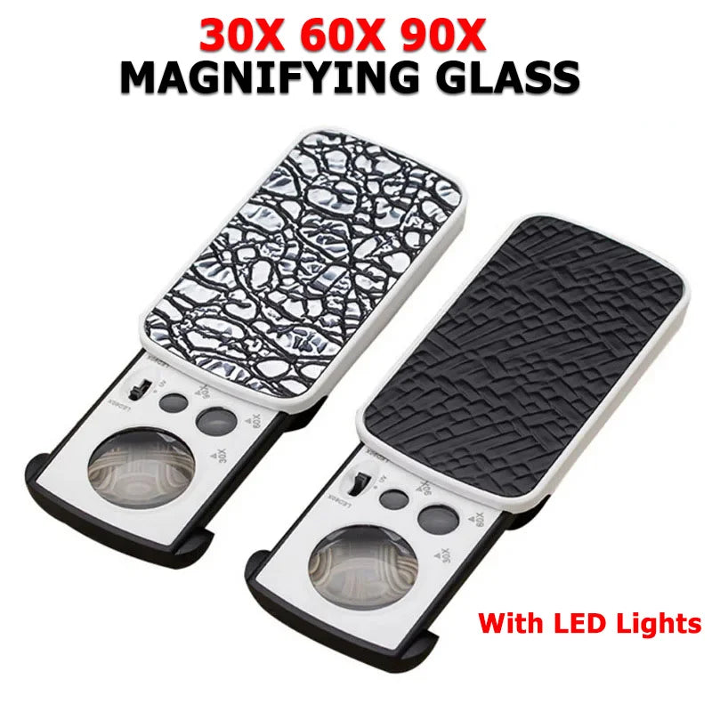 Slide-Out Jewelry Loupe Magnifier 30X 60X 90X LED with UV Light for Diamonds Coins Stamps