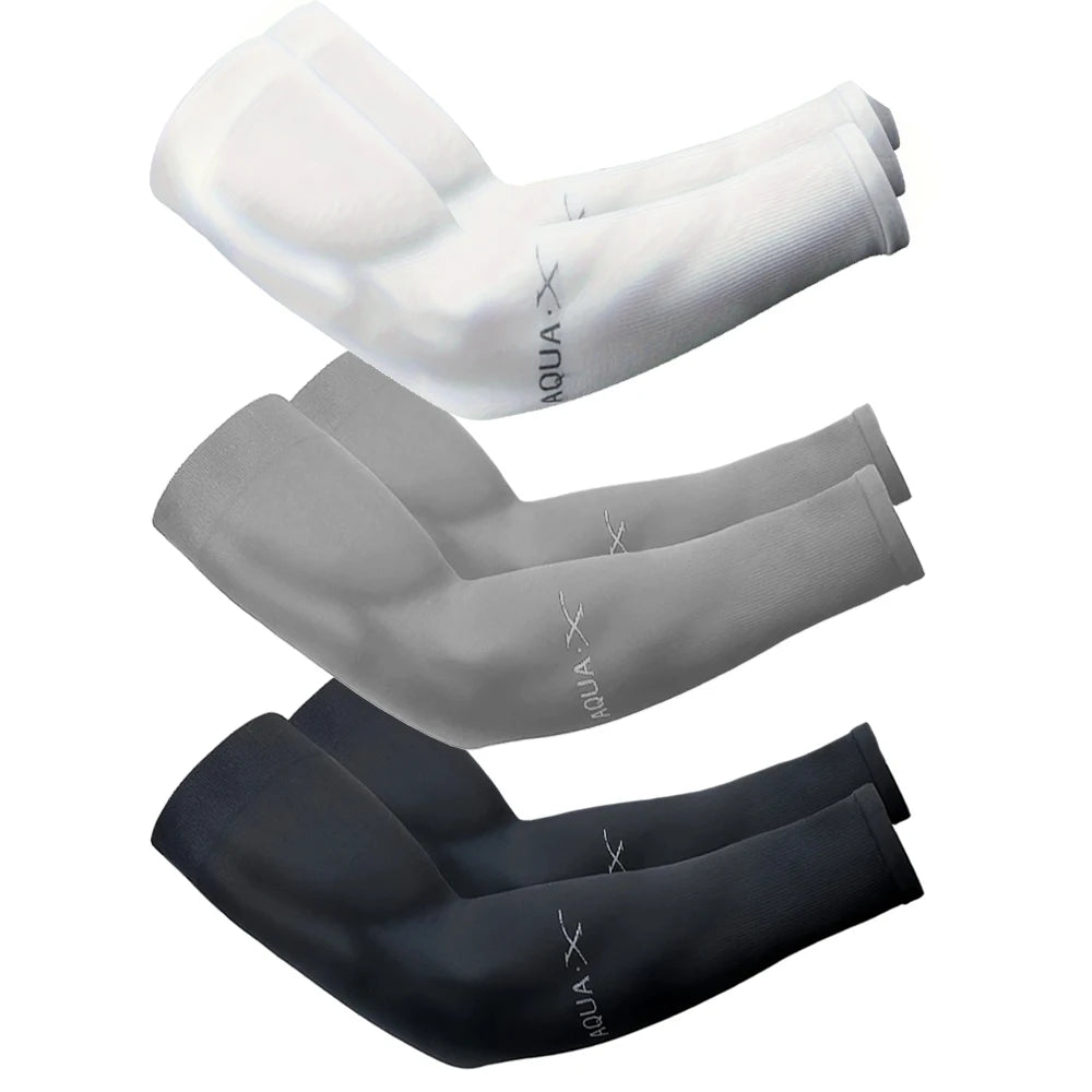 Three pairs of arm sleeves in black, gray, and white showing color variations and design