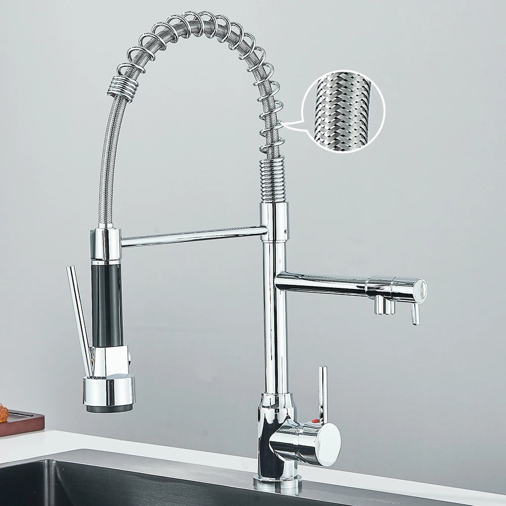Pull-Down Spring Kitchen Faucet Single Lever Mixer Retractable Dual Spout Hot & Cold Stainless Steel