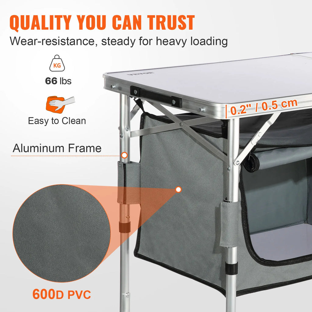 Folding Camping Kitchen Table with MDF Top – Portable Adjustable-Height Outdoor Cooking & BBQ Table for RVs and Picnics (47.2 x 18.5 in / 120 x 47 cm)