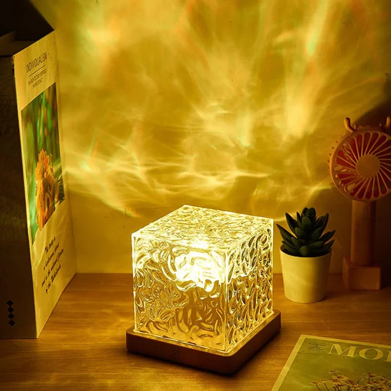 3- or 16-Color Rotating Water Ripple Projector Night Light with Remote USB Crystal Flame Lamp for Bedroom Living Room Study