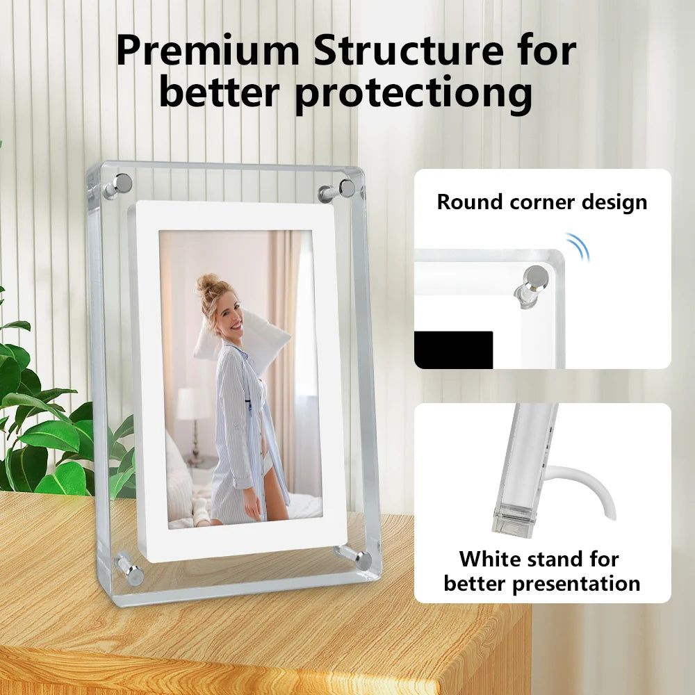 5-Inch Acrylic Digital Photo Frame, IPS Vertical 854x480, 4GB Built-In, 1200mAh Battery, Video & MP3